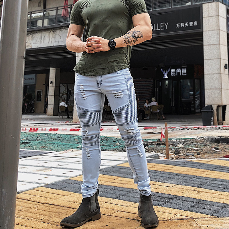 健身裤修身深蹲弹力牛仔裤肌肉训练狗兄弟夏季九分紧身小脚长裤男