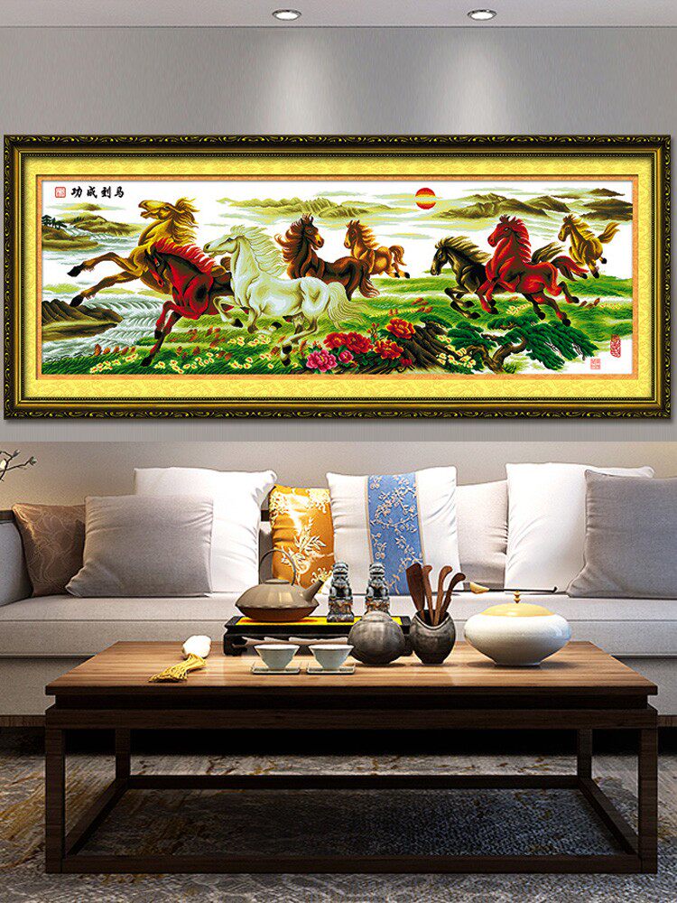 十字绣马到成功2022新款绣大幅山水风景画客厅八骏图线绣自己绣