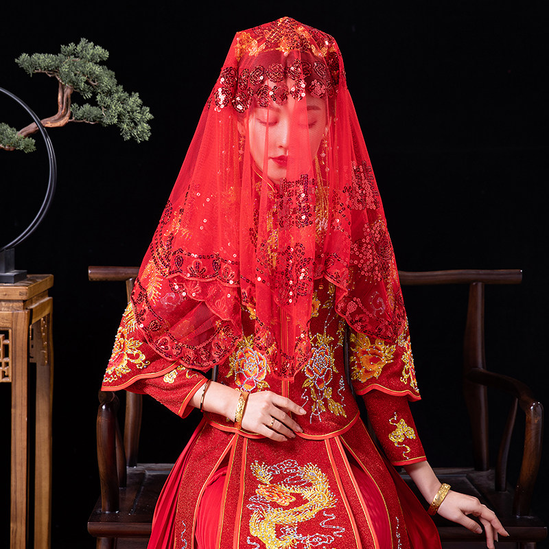 结婚秀禾服头红色复古盖头新娘软纱红盖头蒙头头纱