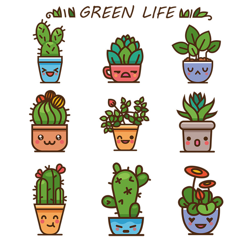 墙贴盆栽绿色多肉表情田园客厅卧室墙贴