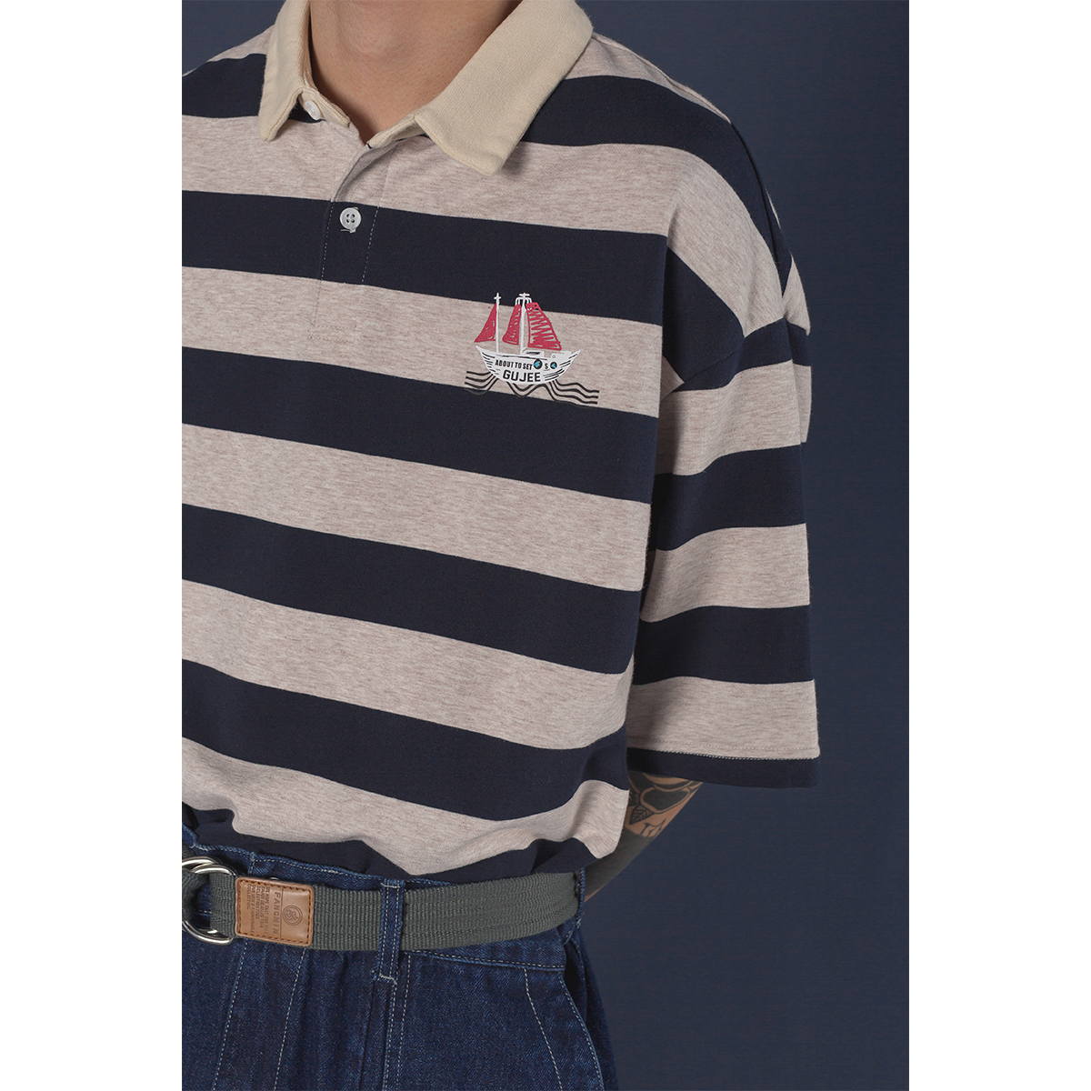 Sozzi*22日系文艺复古条纹POLO衫夏季小帆船印花宽松短袖T恤衫