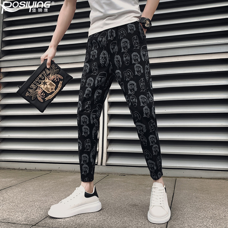 夏季薄款九分裤男韩版潮流痞帅束脚裤网红男裤印花裤子百搭休闲裤