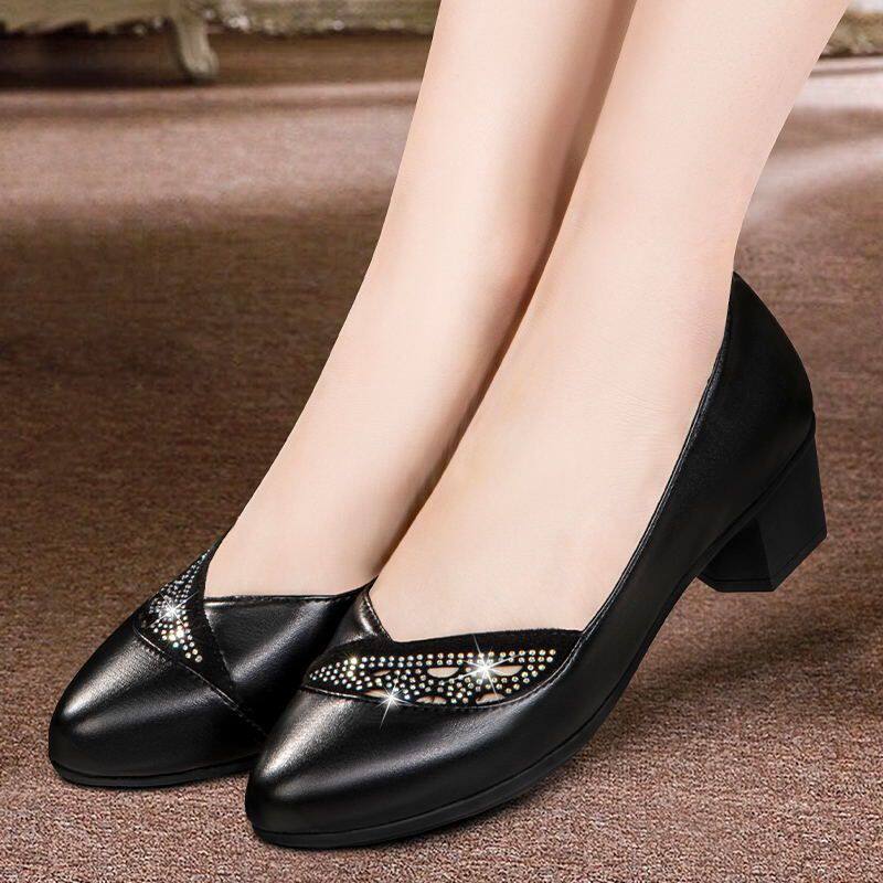 新款单鞋女妈妈鞋圆头粗跟时尚浅口女鞋舒适中跟单鞋