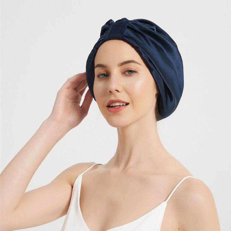 新款真丝睡帽女式褶皱藏青青色桑蚕蚕丝薄款帽子