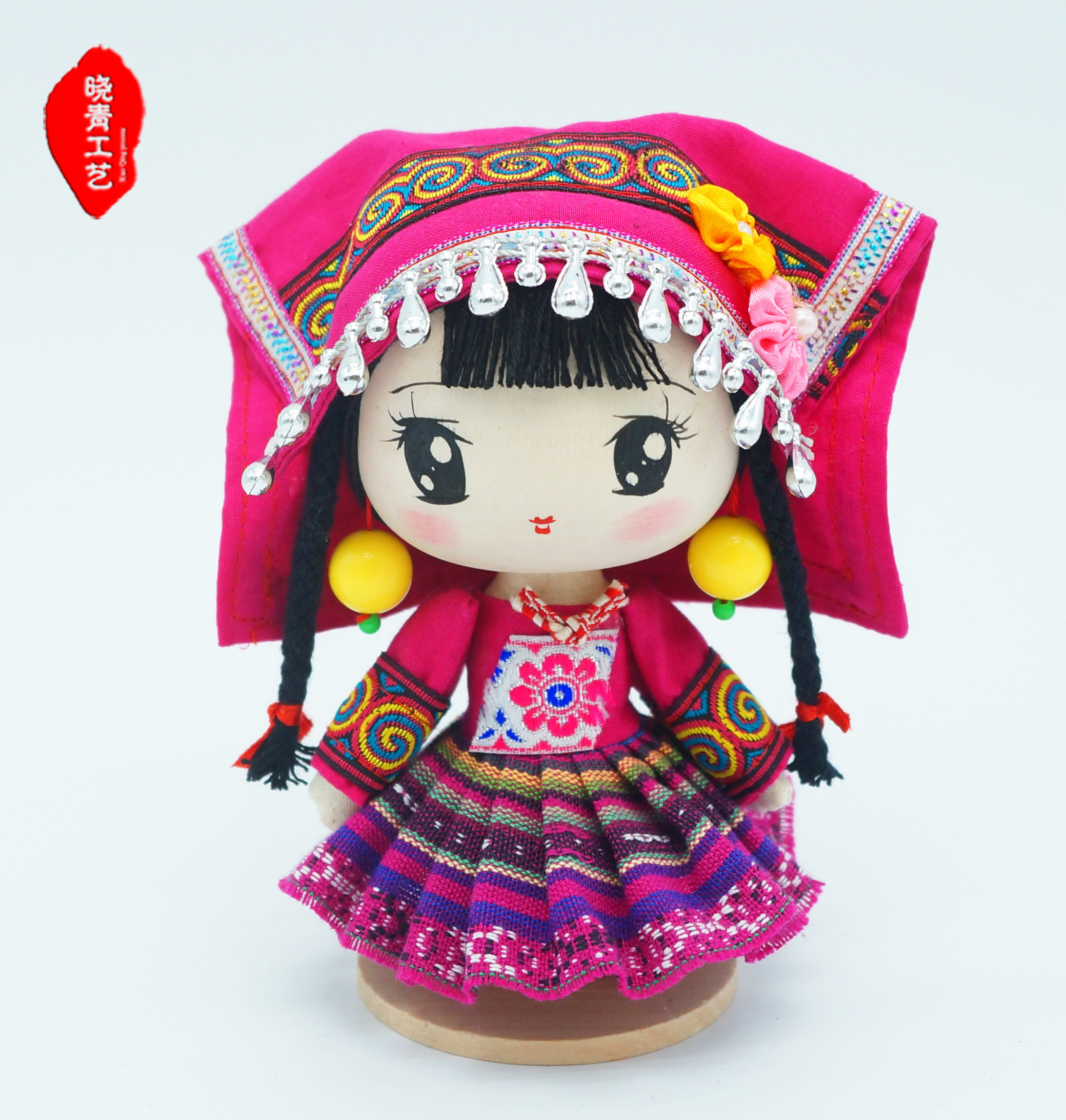 娃娃晓青工艺17cm卡通仫佬佬族木制工民民族娃娃