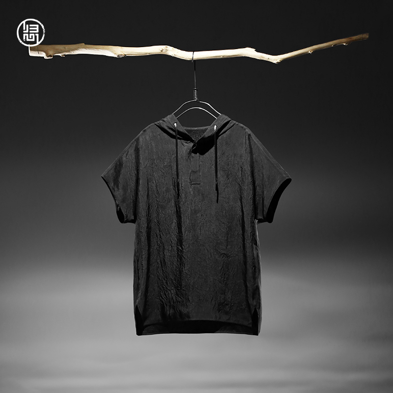 归心原创设计师男装 中国风男士连帽短袖t恤男夏季宽松中年上衣