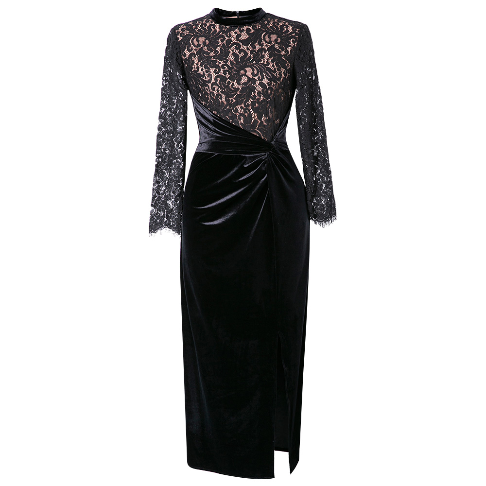 四英寸2019秋季女装新款蕾丝丝绒打底裙黑色法式复古连衣裙87871