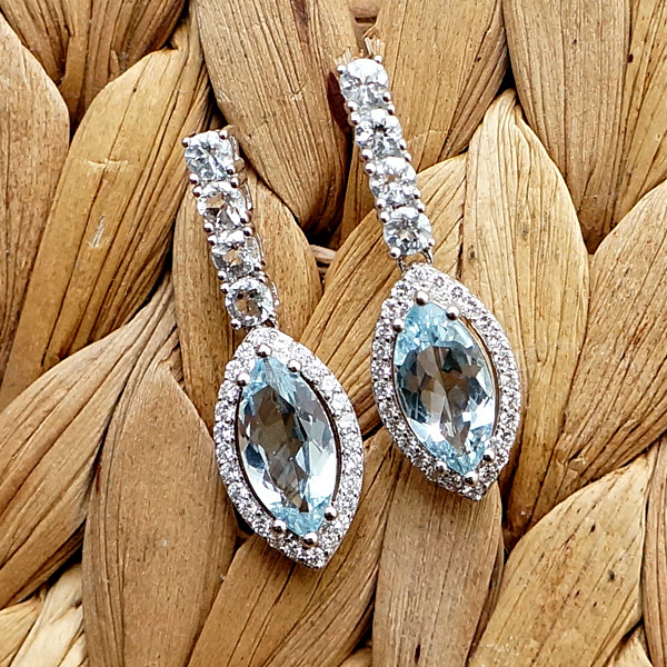 arcoiris天然海蓝宝耳钉耳坠银镀白金耳钉