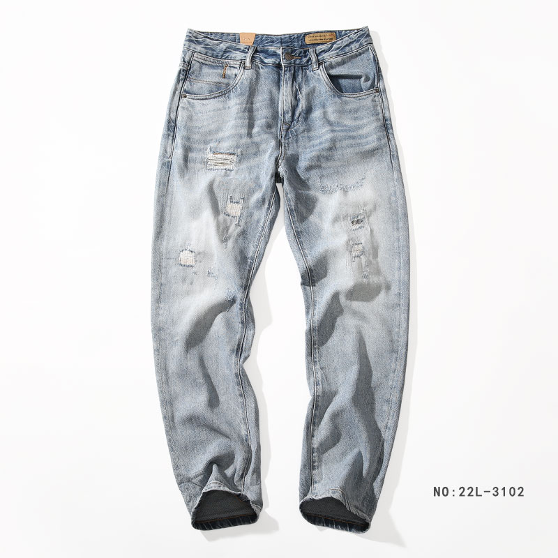 米西小铺新款浅蓝柔软破洞水洗宽松小直筒简约休闲裤子时尚男百搭