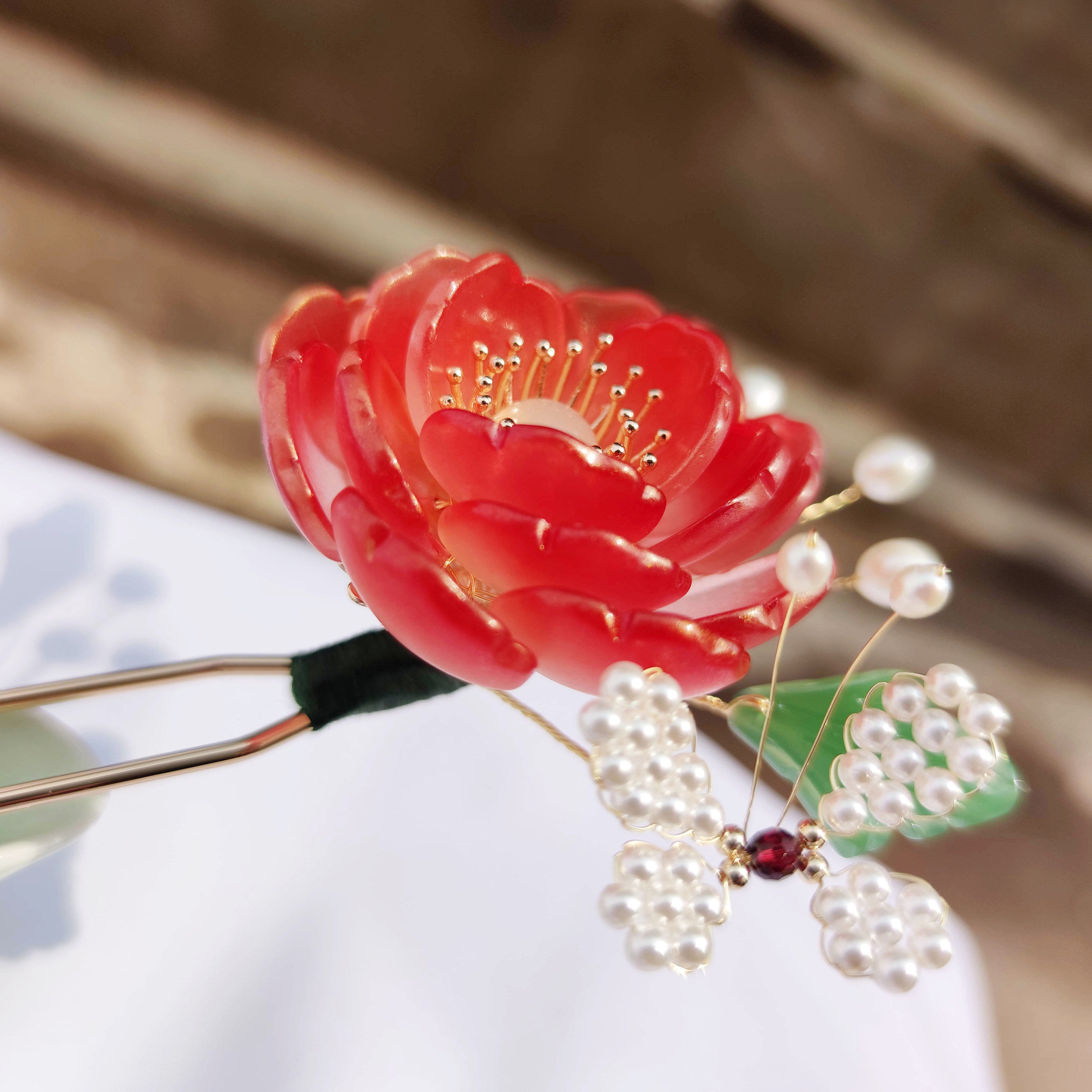 映出发簪汉服发饰制发古风琉璃花簪芍药红色发饰