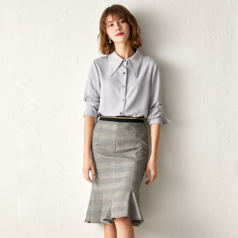 大尖领衬衫女中长款2019新款韩版雪纺设计感小众上衣宽松长袖衬衣