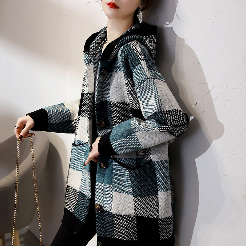 连帽格子毛衣外套女中中长款韩版宽松百搭外穿毛针织衫