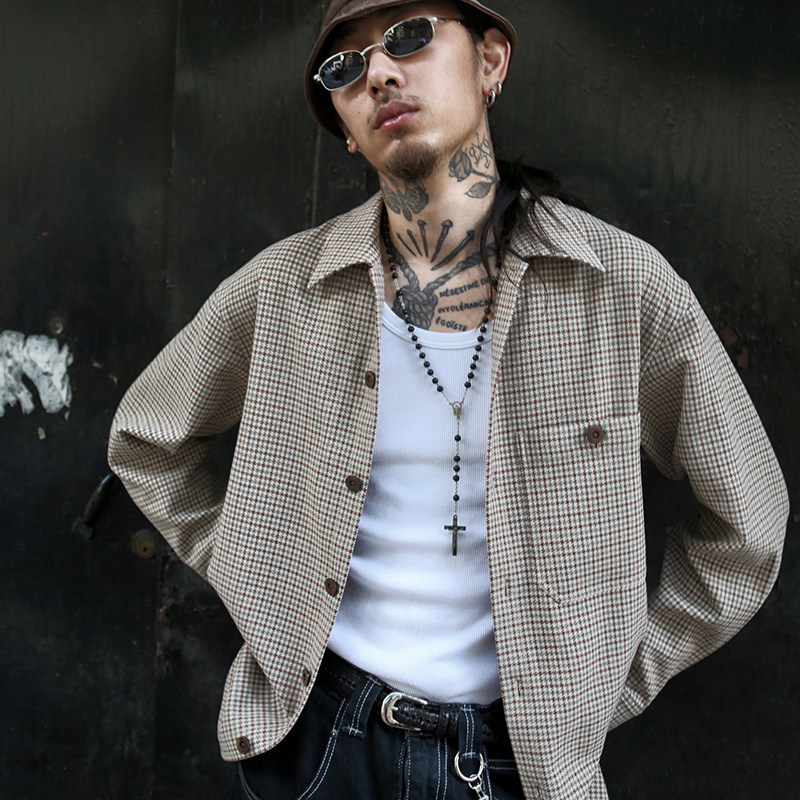 痞帅衬衫男港夏季日系休闲宽松设计小众格子衬衫