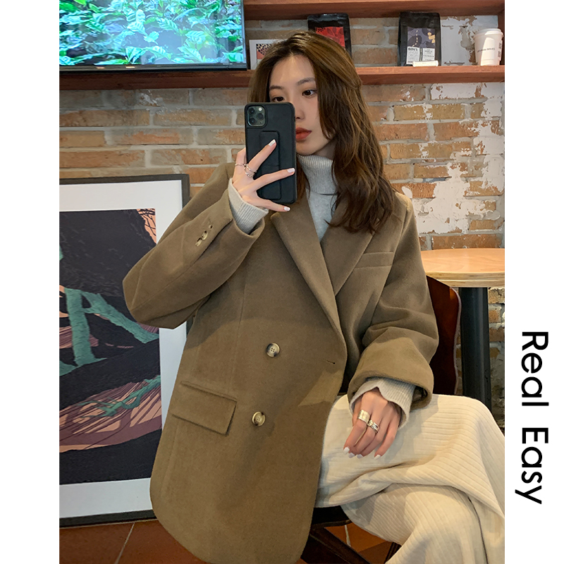 阿一 风度温度我都要 毛呢西装外套女冬季夹棉加厚棕色呢子西装