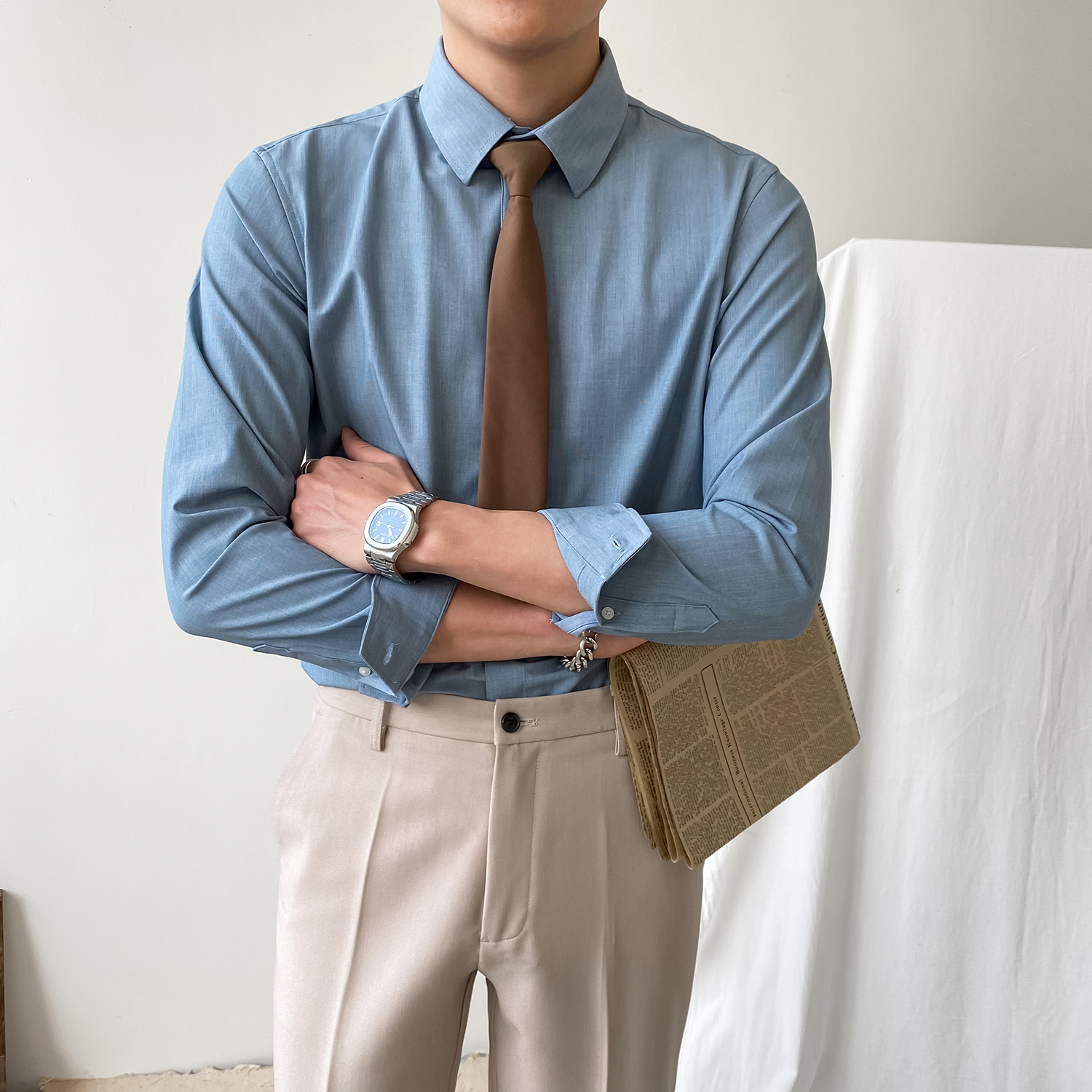 韩版方领纯色衬衫男修身潮流休闲百搭商务正装痞帅气打底长袖衬衣