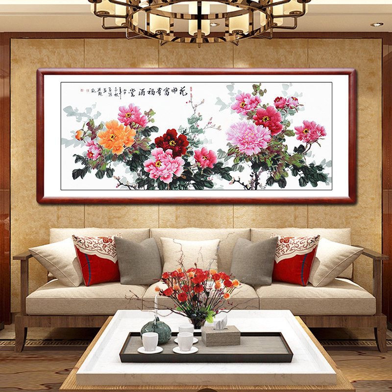 字画翰澎手绘国画牡丹横幅办公室客厅装饰画花开富贵国画