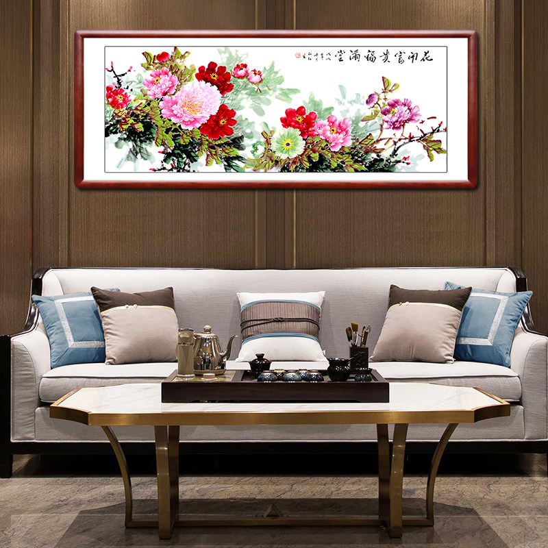 字画翰澎手绘国画牡丹横幅办公室客厅装饰画花开富贵国画