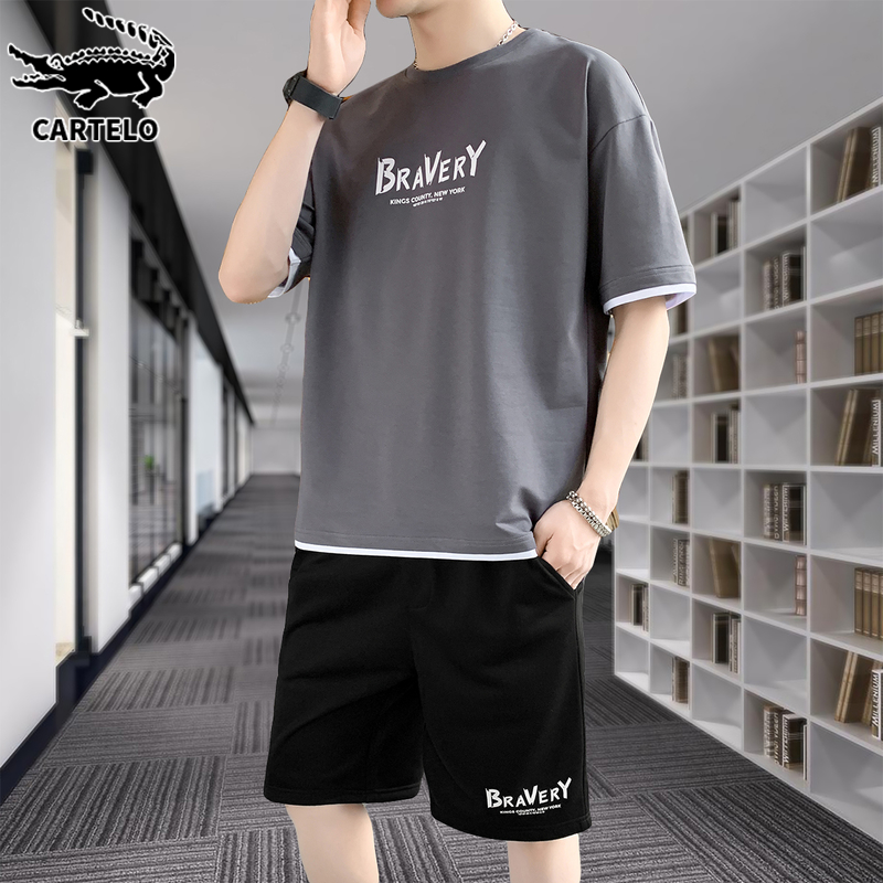 鳄鱼t恤运动套装男夏季薄搭配帅气宽松五分短裤时尚潮流休闲一套