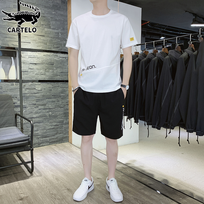 鳄鱼夏季白色休闲套装男士短袖帅气搭配冰丝短裤运动衣服男装一套