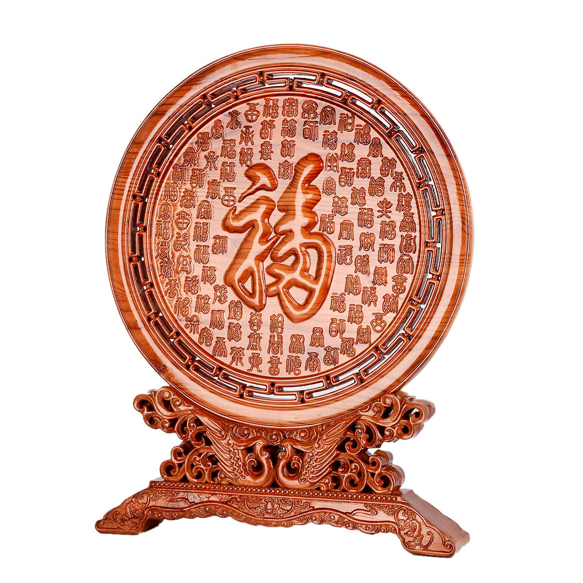 摆件卓弘肥城桃木百福福字看盘客厅卧室木雕木雕