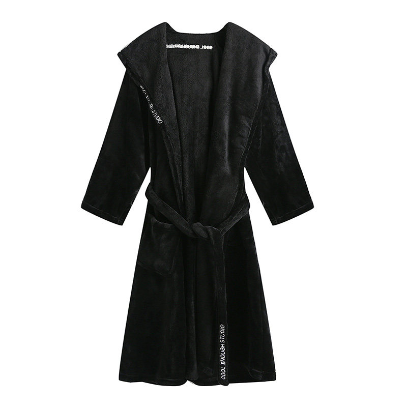 浴袍男性感纯色黑色睡衣浴衣男洗澡法兰绒睡袍男连帽中长款个性潮