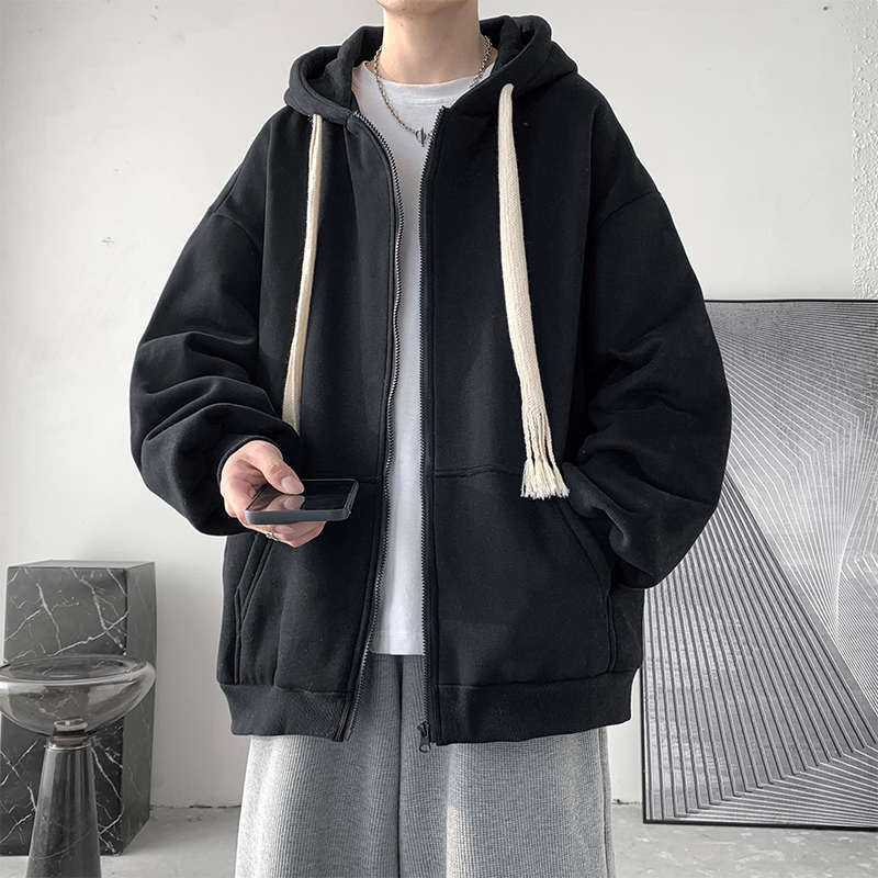 纯色开衫卫衣男春秋季宽松港风连帽上衣潮牌潮流ins抽绳百搭外套