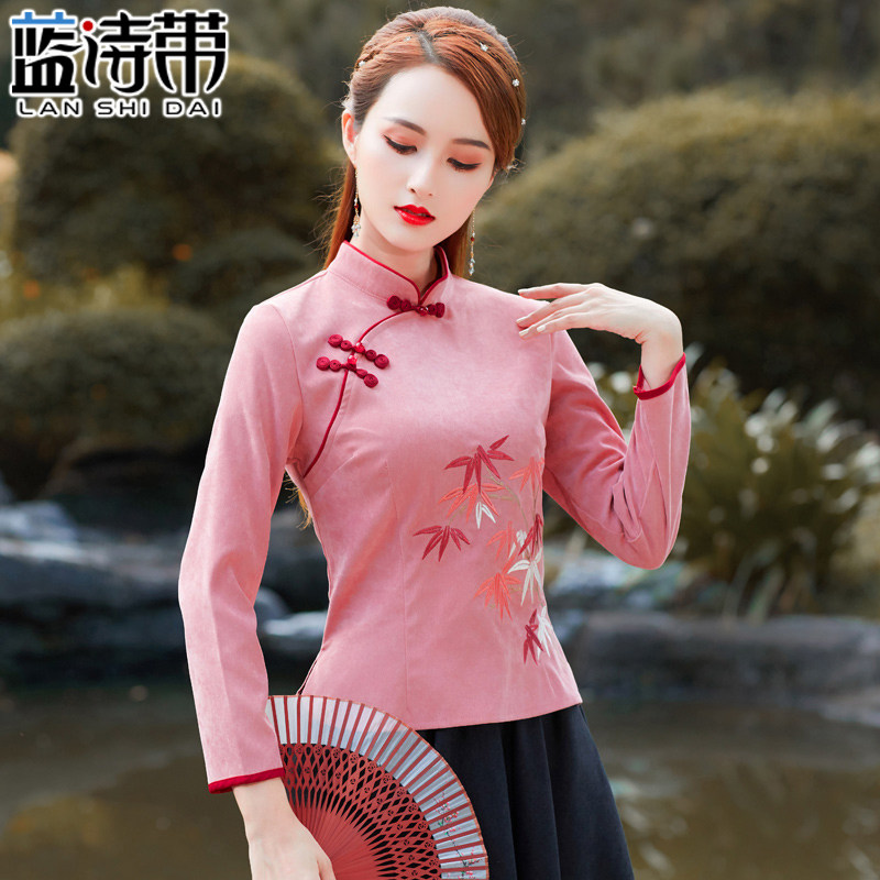 旗袍上衣长袖短款时尚刺绣中式茶艺师服装复古上衣