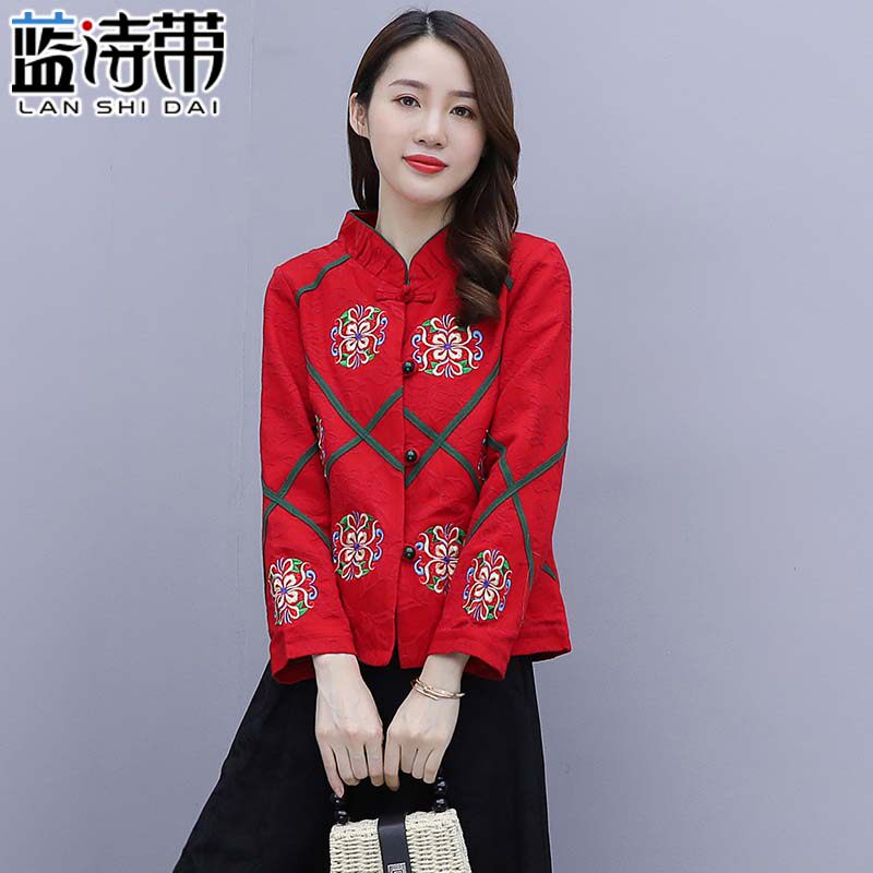 新款民族风绣花短款外套春秋大码女装立领盘扣民族服装