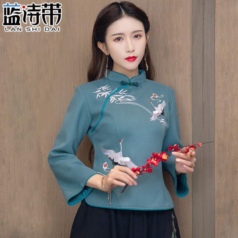 国风茶服女秋冬套装年轻款中毛呢唐装民国复古上衣