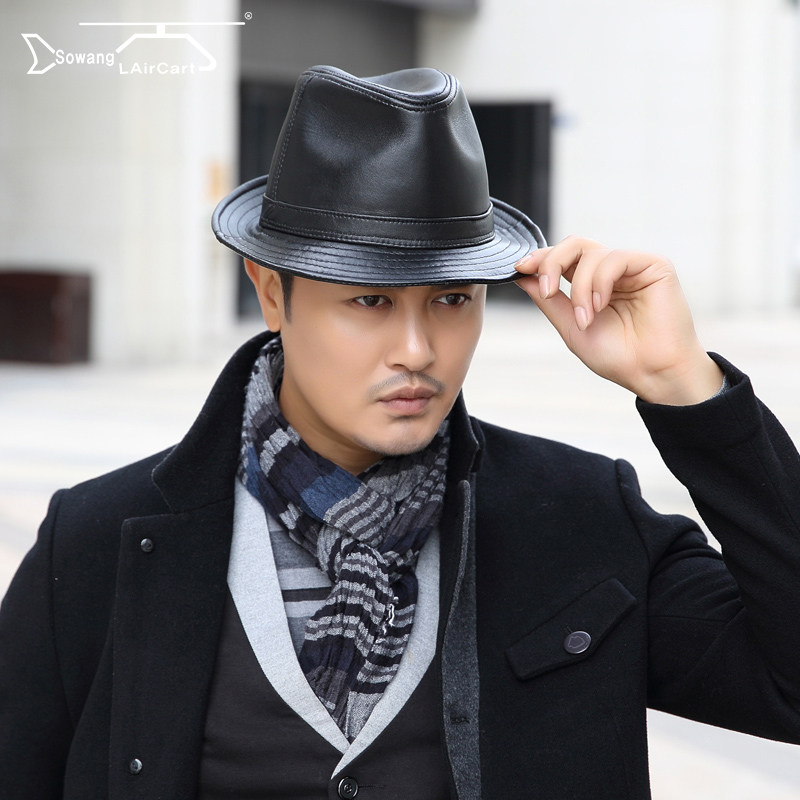 牛皮帽子爵士帽秋冬季中青年礼帽男女士上海滩绅士户外休闲真皮帽