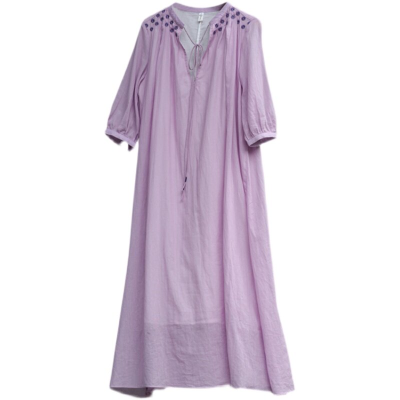 笔墨夏季文艺复古紫色手绣宽松长裙连衣裙领口连衣裙