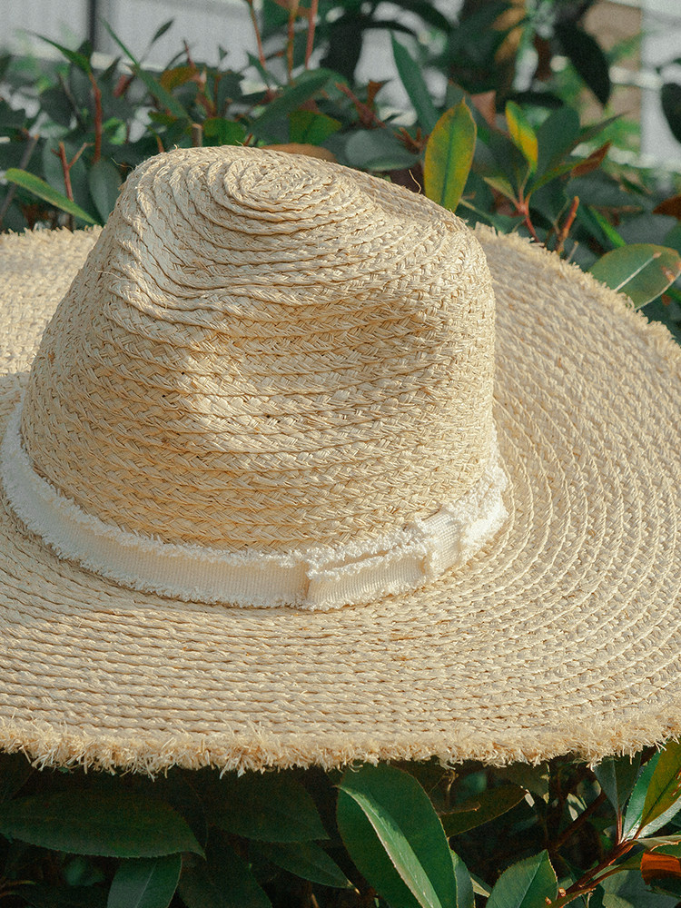 拉菲草草编防晒帽子遮阳帽遮阳大沿毛边编织笔墨帽子