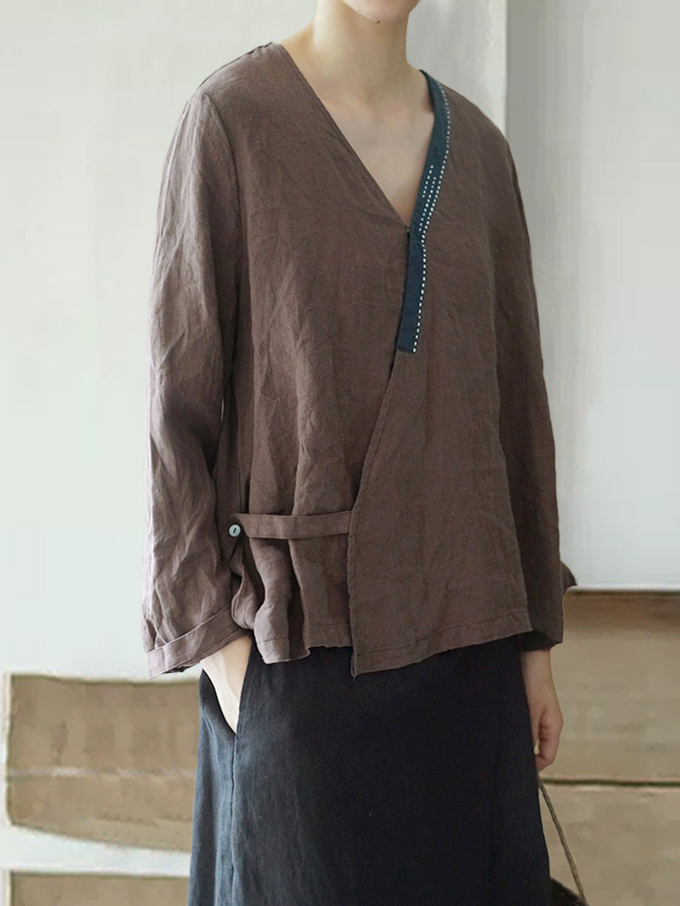 知笔墨2019复古中式布衣 斜襟手工绣线道系简约纯色宽松上衣 女