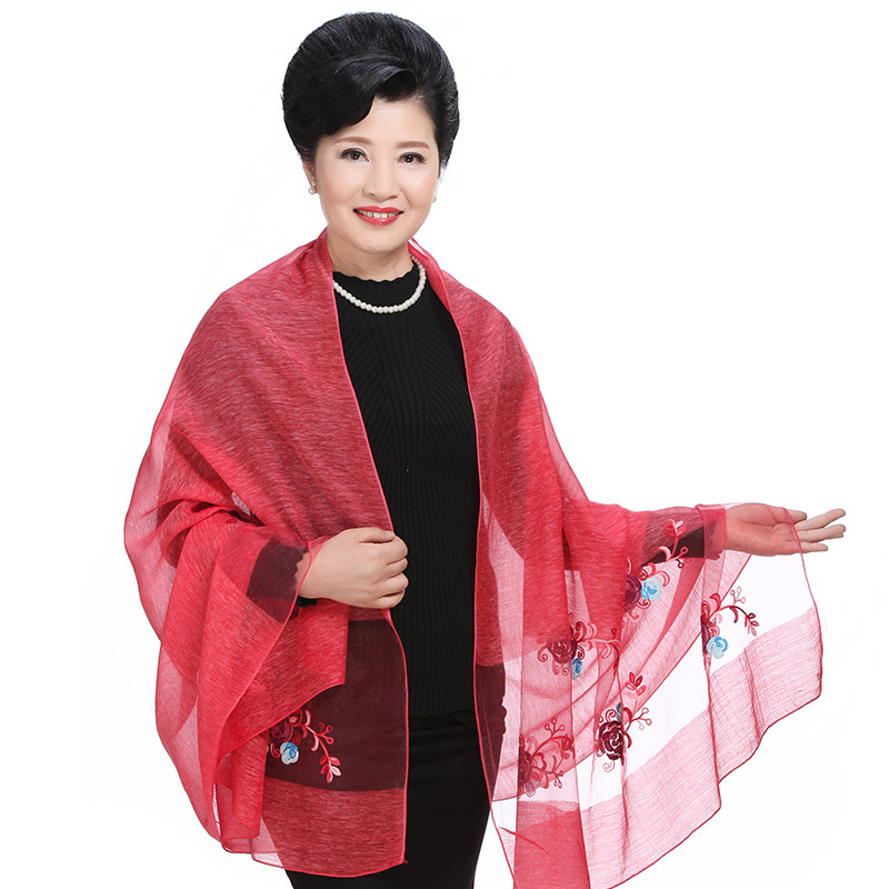 春秋中老年女士丝巾老年人绣花纱巾老人刺绣围巾围巾