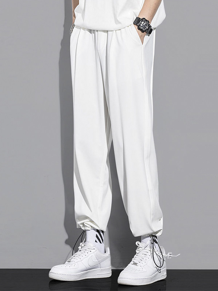 纯白色休闲休闲裤裤子夏季宽松直筒垂感日简约抽绳休闲裤