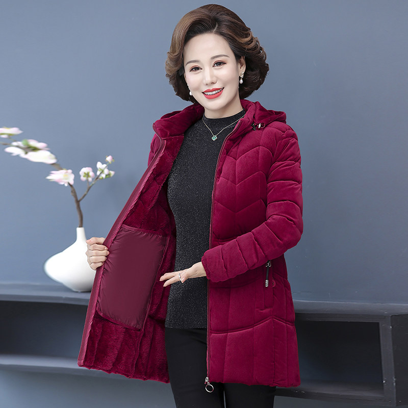 妈妈冬装金丝绒中长棉衣加绒加厚厚外套中老年女装中老年女装
