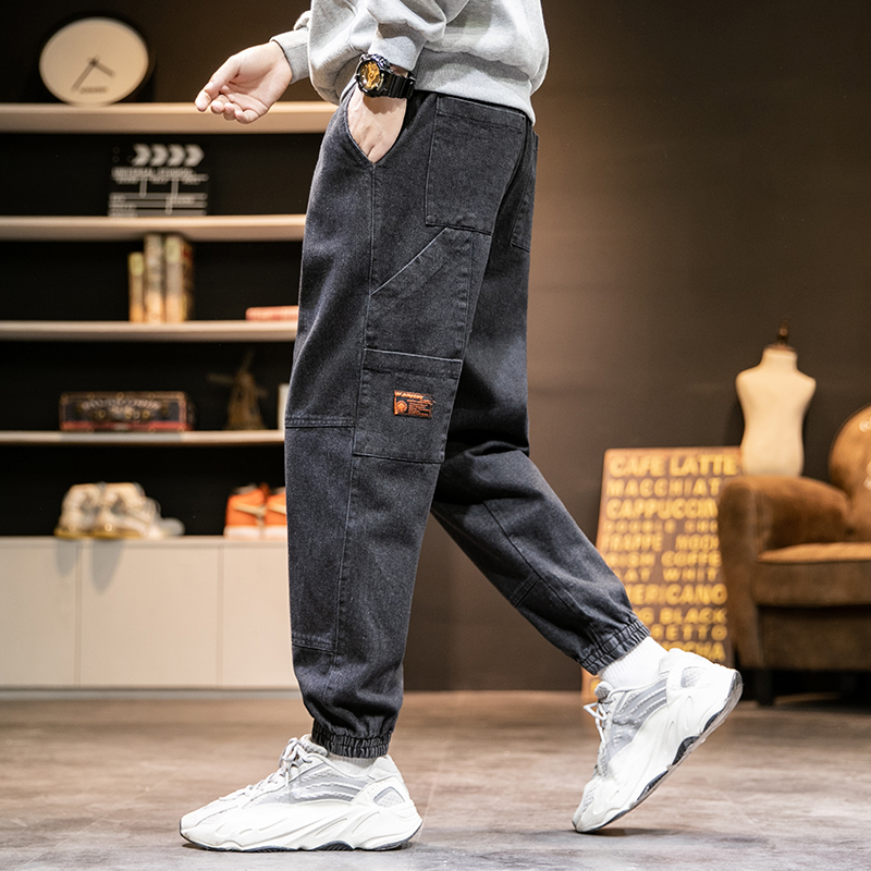 男士牛仔裤秋冬季哈伦裤潮流休闲九分裤长裤韩版束脚潮牌工装裤子