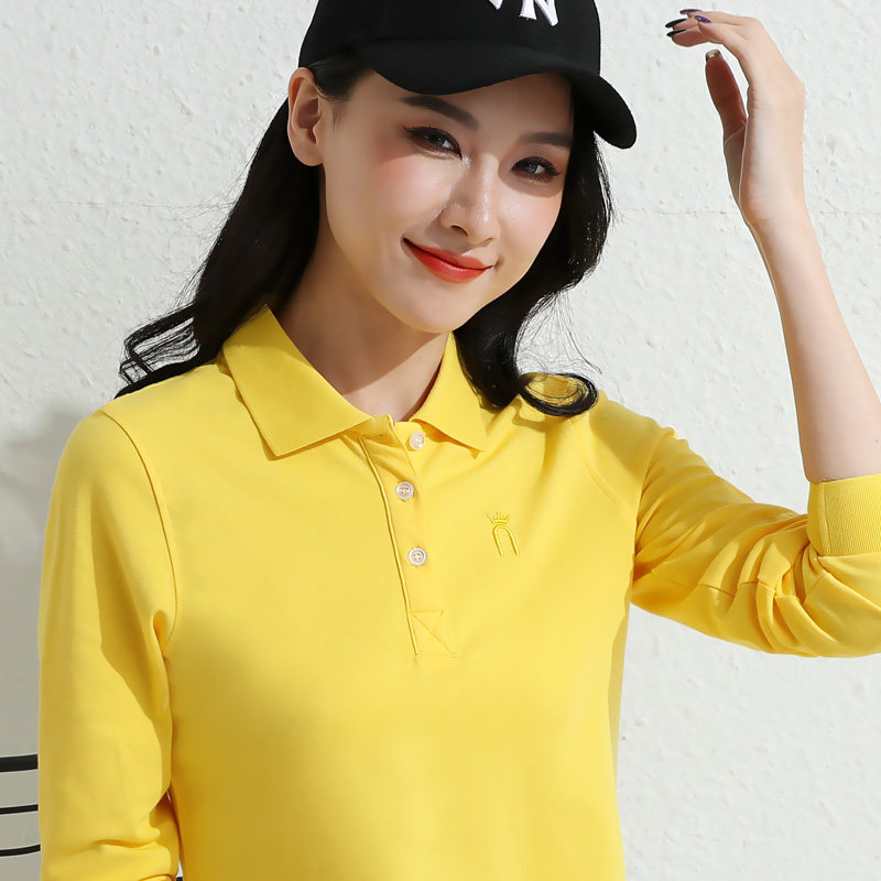 春秋翻领长袖恤女白色上衣修身运动纯棉大码t恤