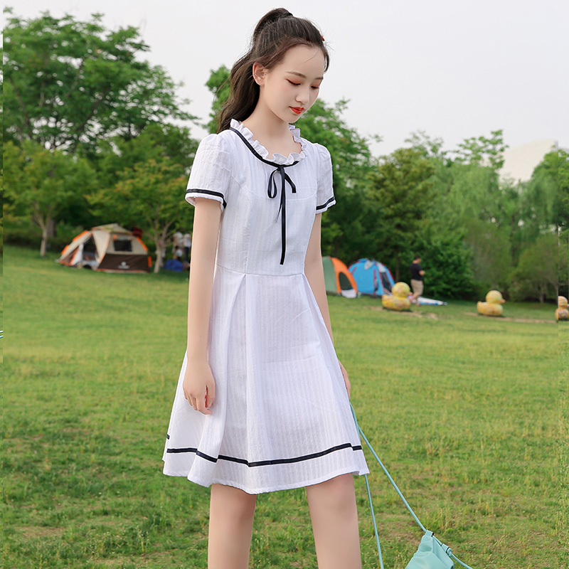 少女小清新连衣裙夏季中长学院白色纯棉初中生高中生连衣裙