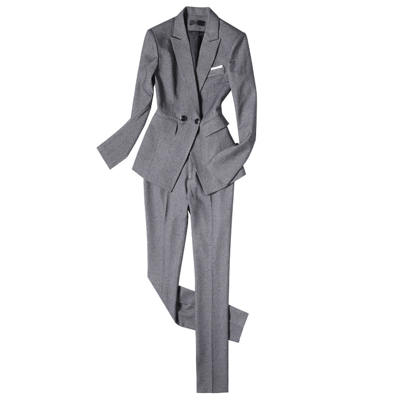 2019新款秋女士时尚职业装套装灰色西装酒店商务正装ol西服工作服