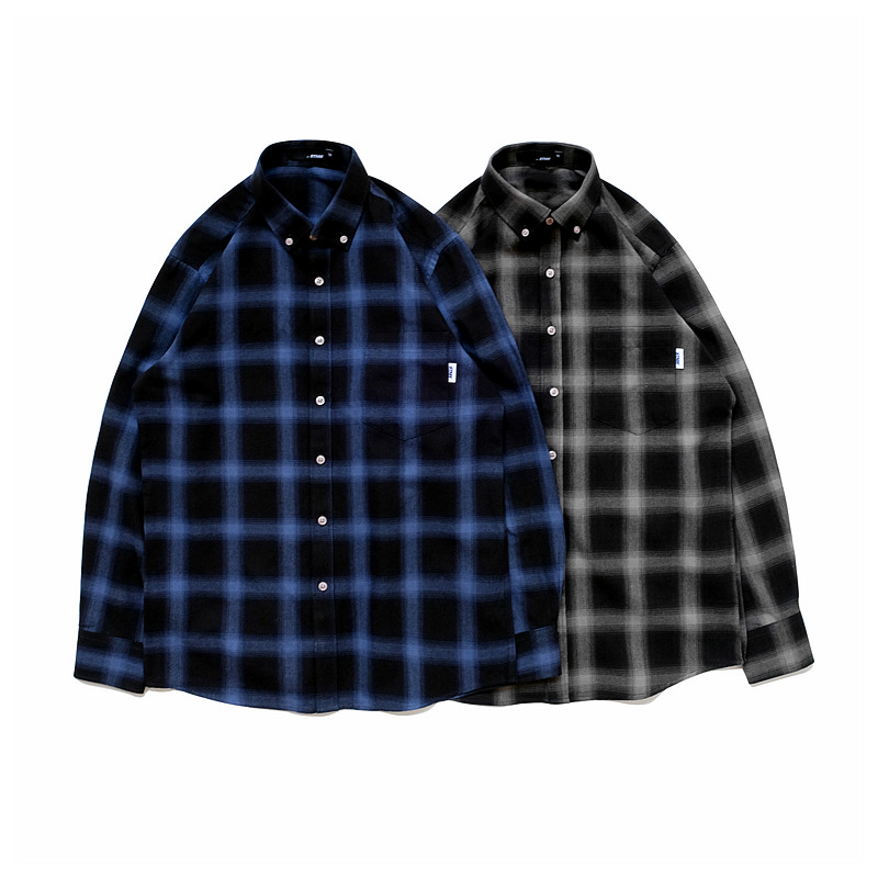 STNW原创设计潮牌国潮秋冬季港风学院风蓝格纹格子休闲长袖衬衫男