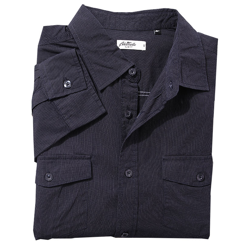 出口外贸余单 性价比高 2019早秋新款休闲复古藏青条纹长袖衬衫男