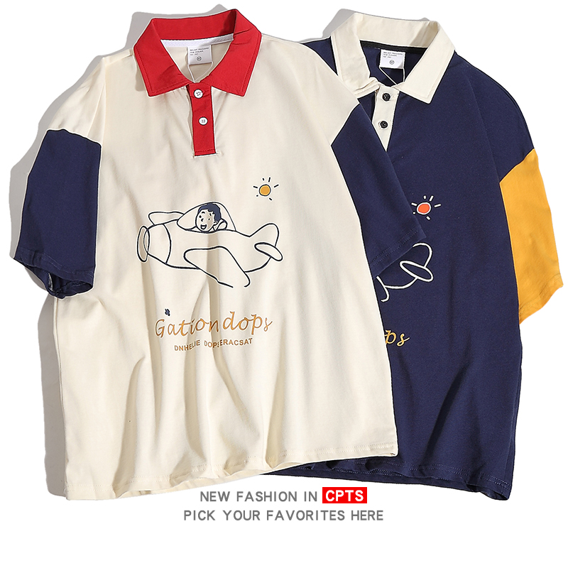 潮牌宇航员撞色短袖POLO衫日系学院风文艺情侣tee恤复古中性T恤潮