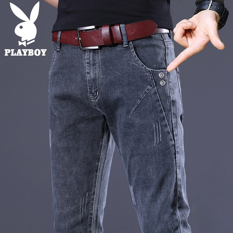花花公子夏季薄款休闲牛仔裤男士直筒潮流青年修身小脚长裤子男裤