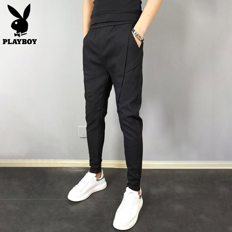 花花公子夏季薄款休闲裤男士潮流百搭修身小脚运动哈伦九分裤子男