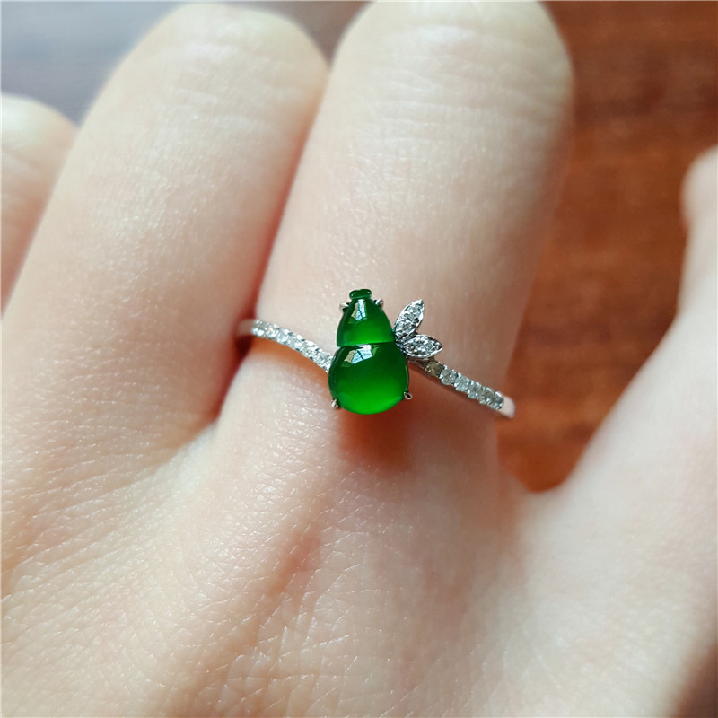 戒指汉桑原创翡翠天然冰种阳绿起荧光葫芦镶嵌手饰