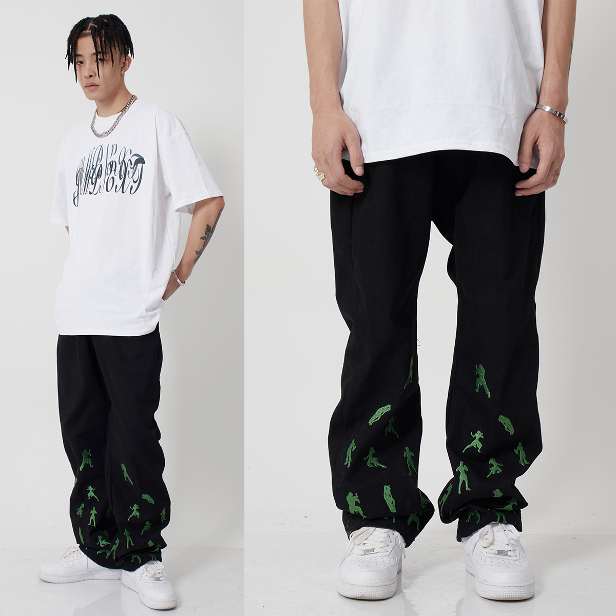 JUMP NEXT 国潮原创拳皇刺绣黑色长裤嘻哈水洗宽松直筒休闲裤情侣