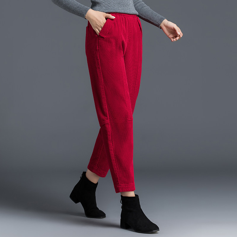 高腰条绒萝卜裤女宽松九分胖mm裤子秋冬红色灯芯绒裤子哈伦灯笼裤