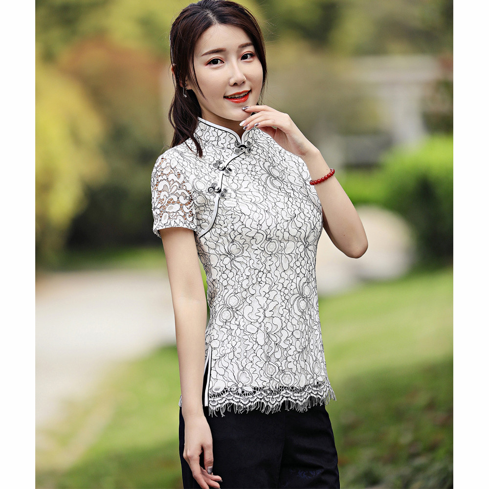 夏季新款改良时尚蕾丝旗袍上衣短袖唐装中式女款显瘦盘扣立领修身