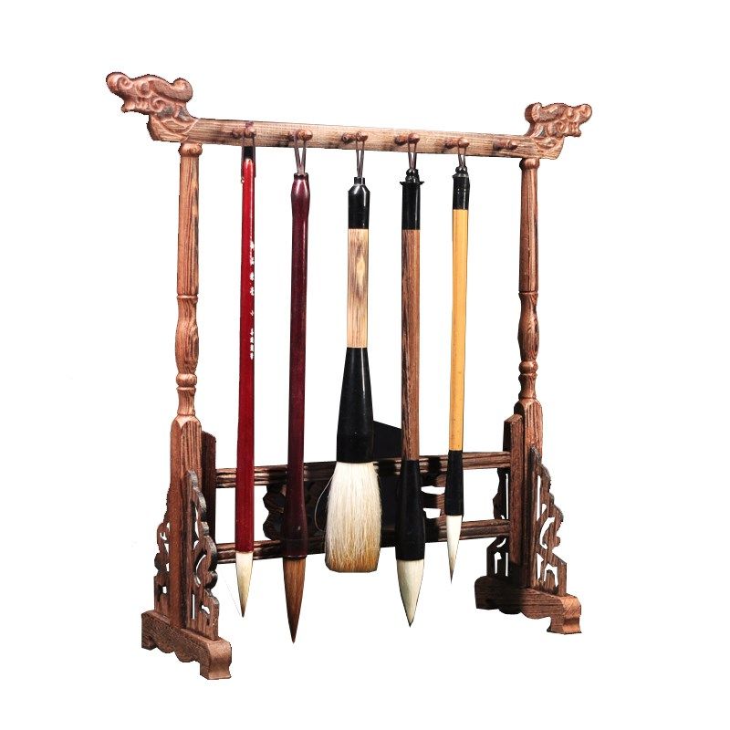 笔架毛笔12针毛笔架挂包笔挂鸡翅木龙头搁笔实木笔架